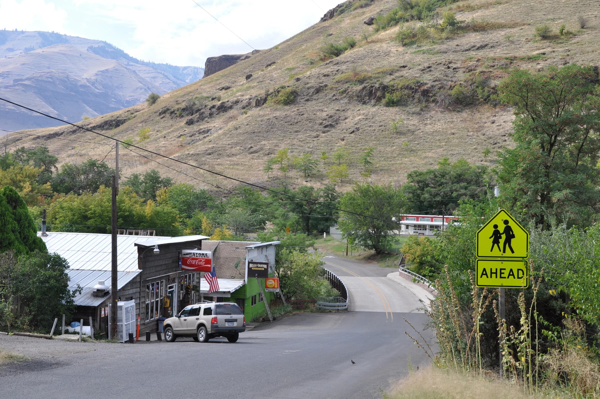 Imnaha’s main street and the surrounding hills.