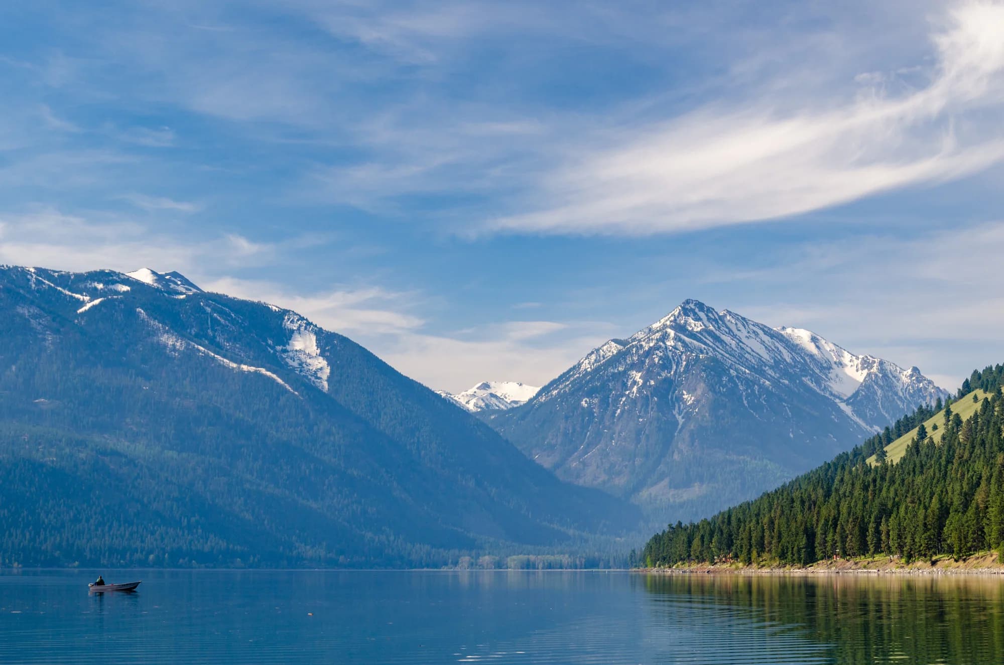 Wallowa Lake and the mountains, seen from the county park at the north end.