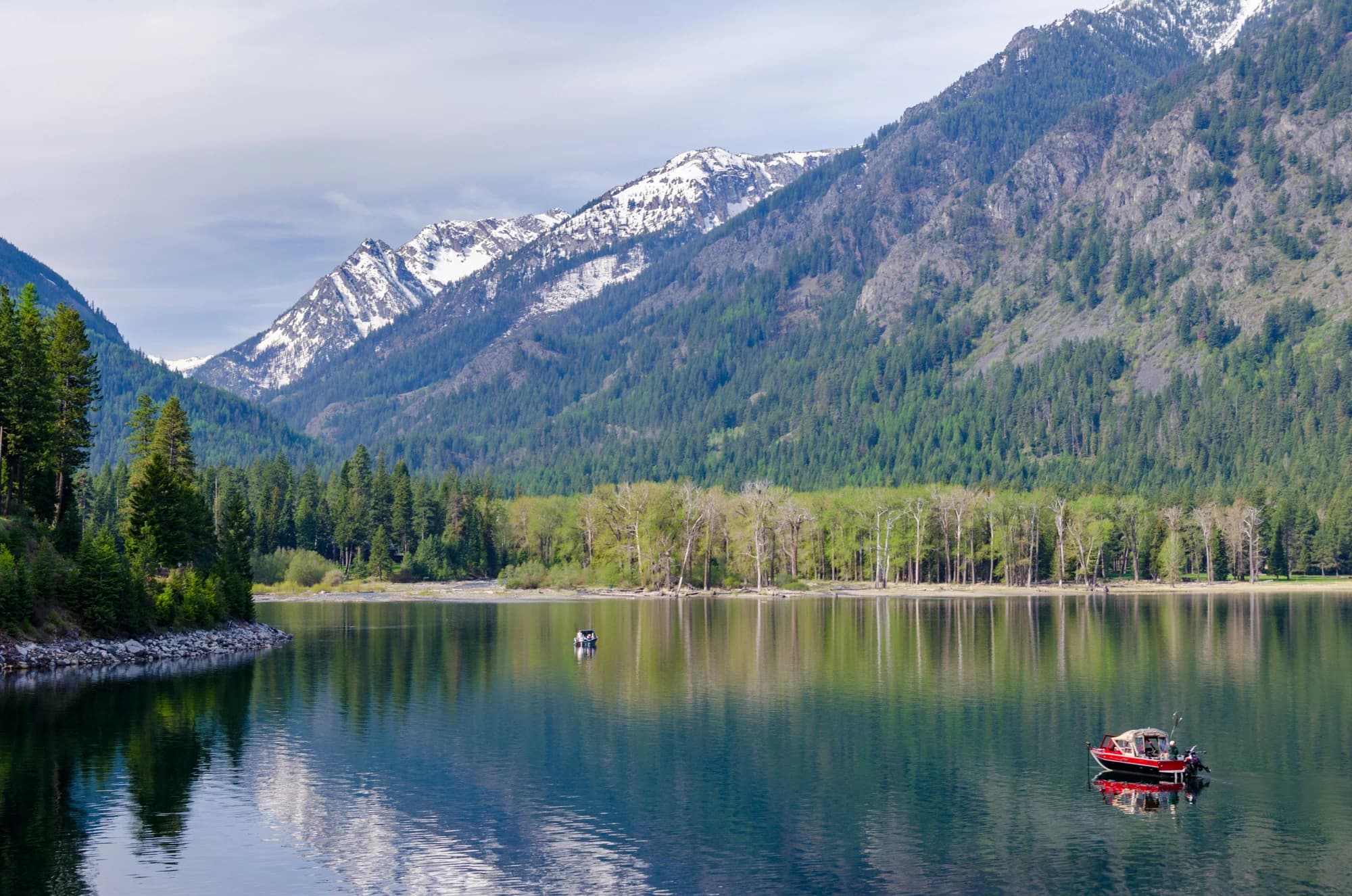 The Wallowa Mountains and lake, photographed near the south end.